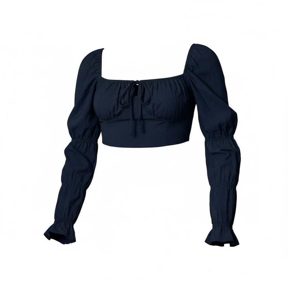 HYFVE Black Ruched Puff Long Sleeve Tie Crop Top
